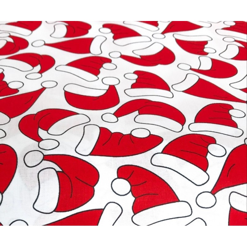 Відріз бавовняної тканини для рукоділля 50х40см біла з різдвяними капелюшками
