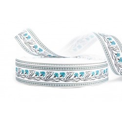 White grosgrain ribbon 25mm wide printed with cornflowers