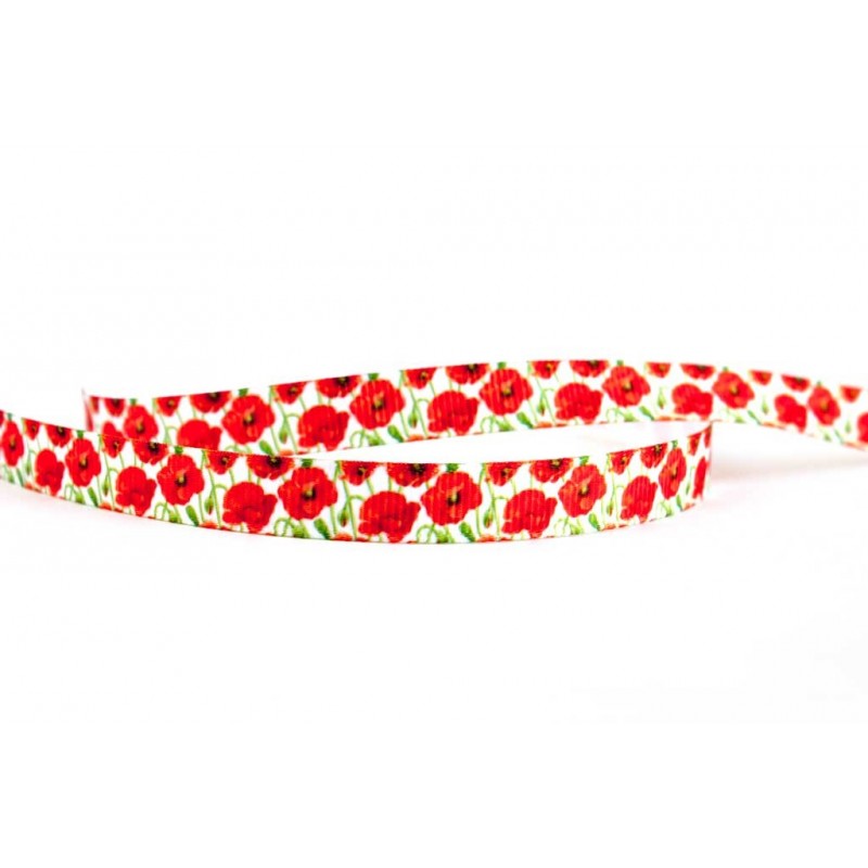 White grosgrain ribbon 1cm wide printed with poppy flower