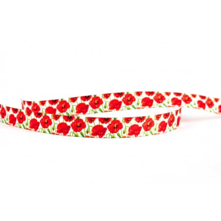 White grosgrain ribbon 1cm wide printed with poppy flower