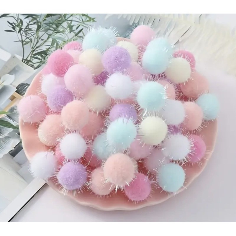 Velour pom poms 20mm Pastel lurex mix, 20 pcs